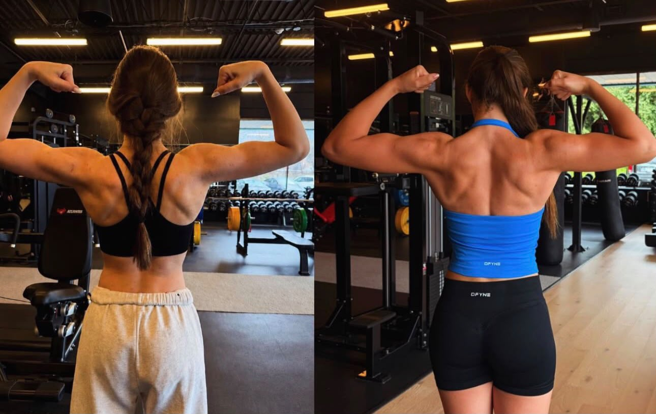 Female client before and after — added back and shoulder muscle definition