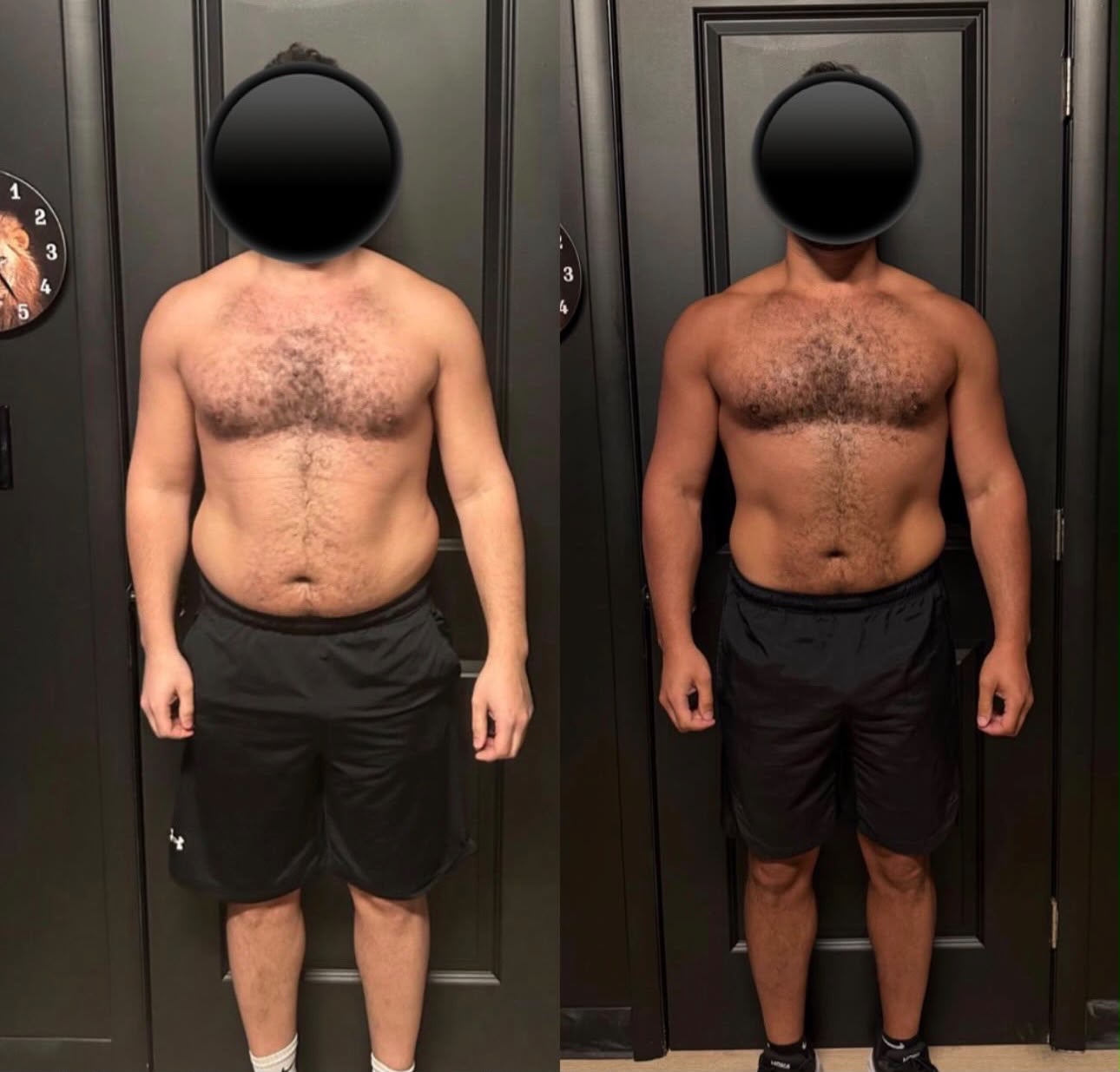 Client before and after — reduced belly fat and more defined build