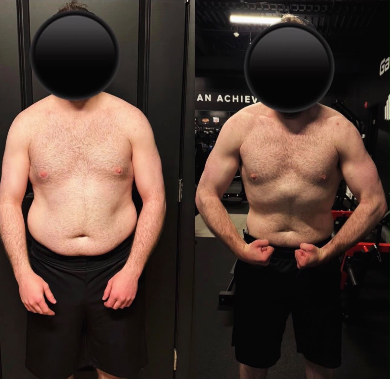 Client before and after — lost fat and gained upper-body muscle