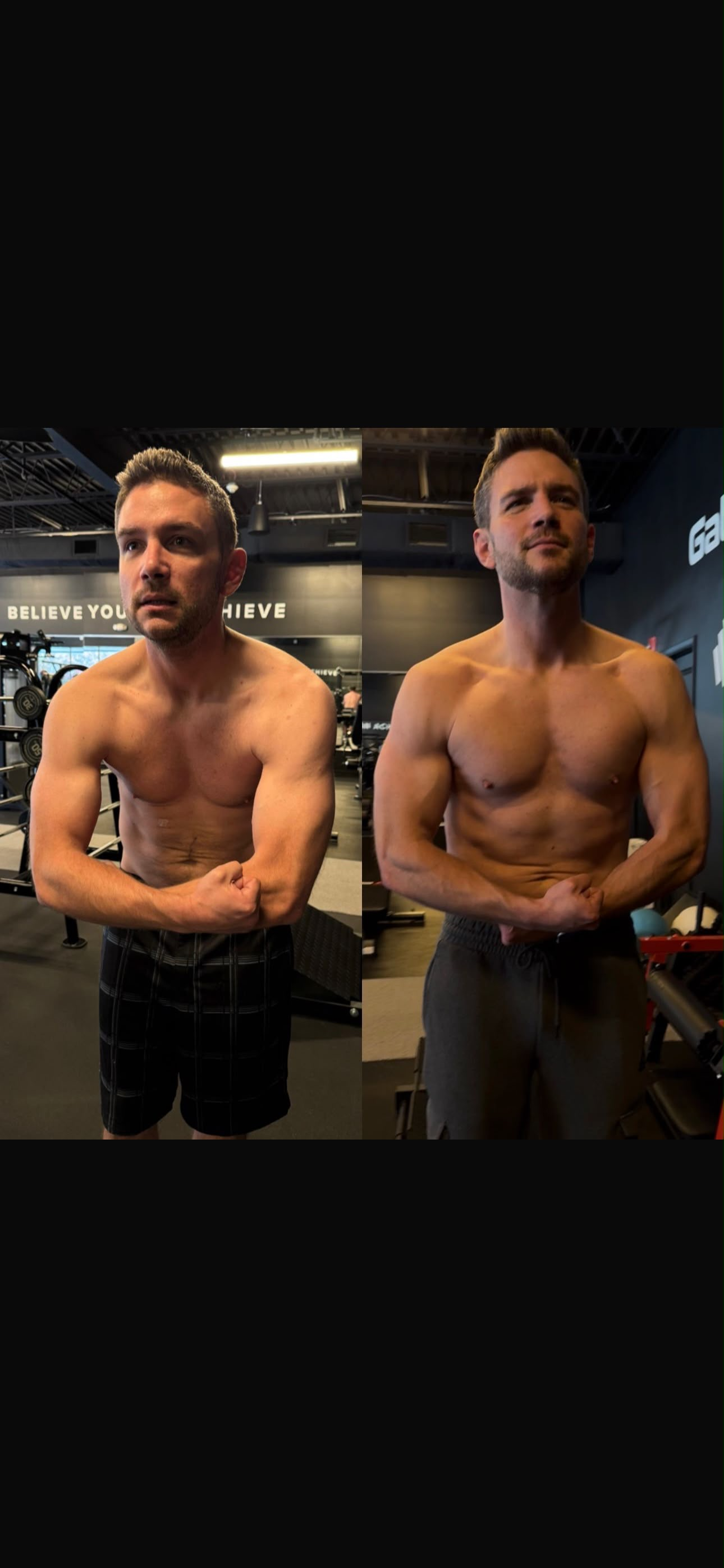 Client before and after — increased muscle mass and definition