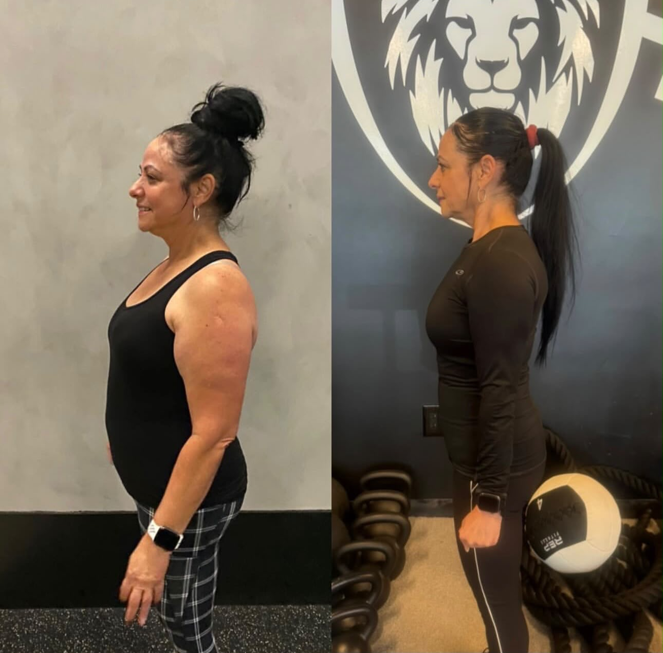 Client before and after — leaner, stronger physique from the side