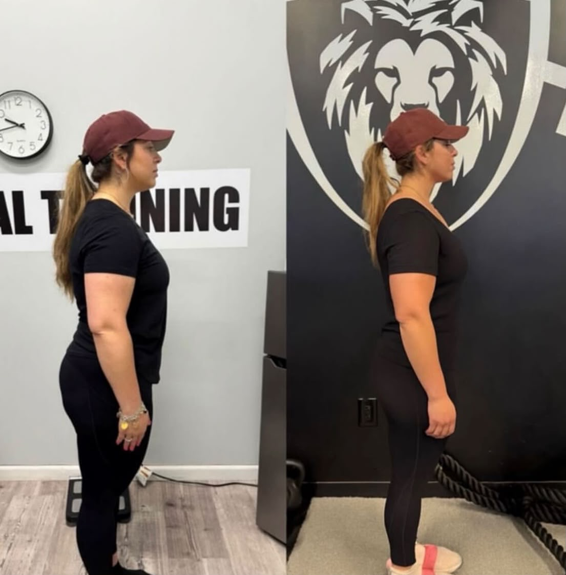 Client before and after — slimmer, more athletic frame