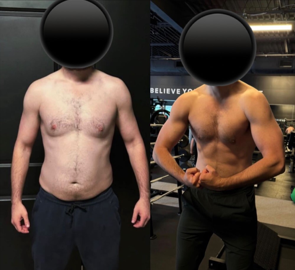 Client before and after — lost fat and revealed abdominal definition